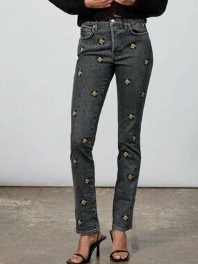 Zara Slim Full Length Jean In Black With Embroidered Yellow Flowers Size 4